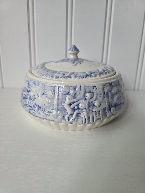 Other - Vintage Mildred Greer Art Pottery Blue White Covered Dish Bowl 1982 80s Decor